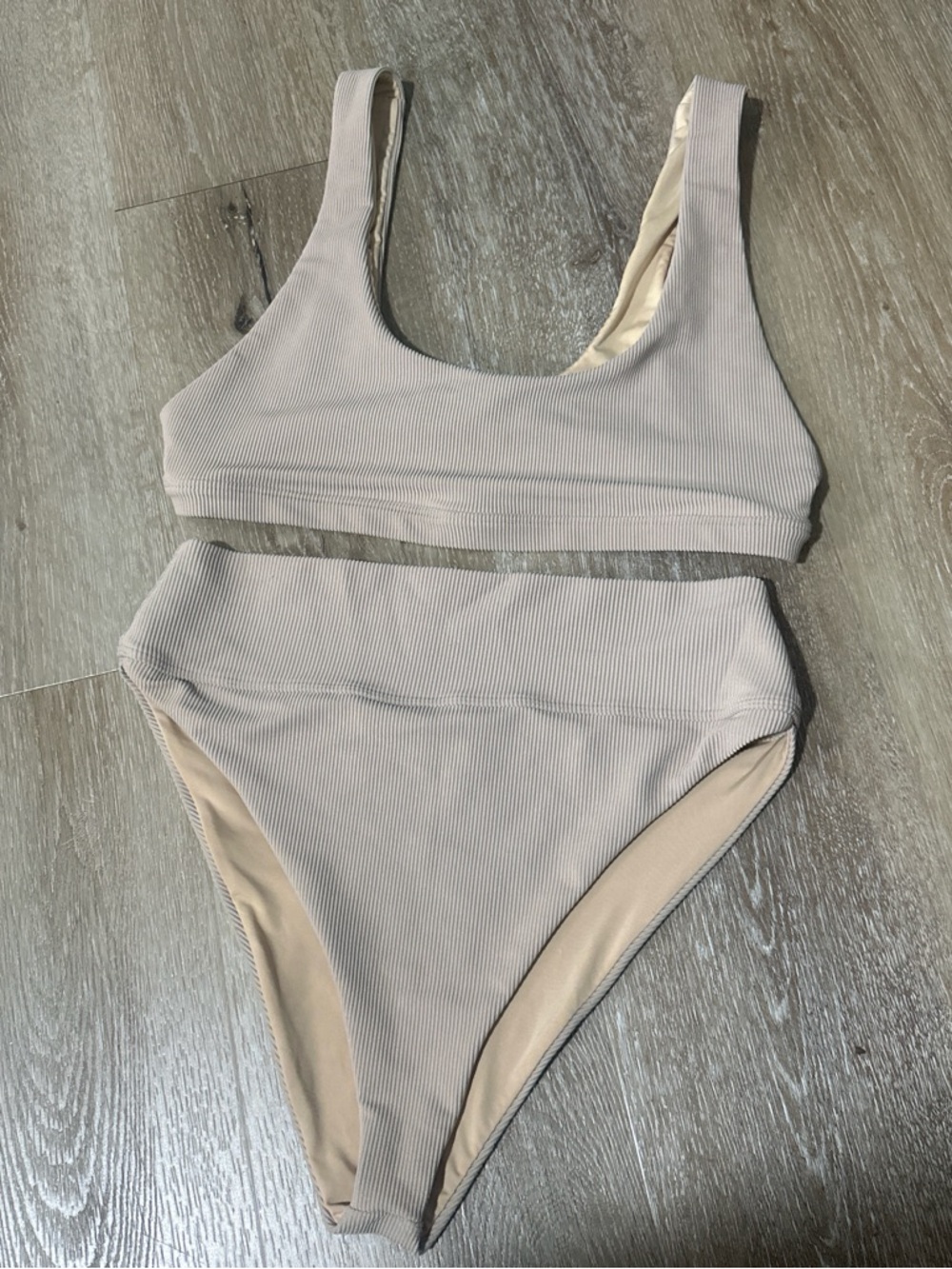 Beach Riot Ribbed High-Waist Bikini Set- Tan, Large